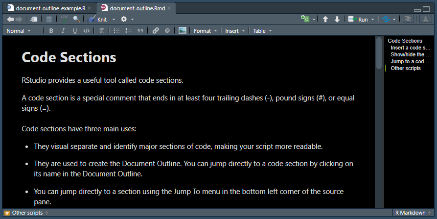 Example of an R Markdown document showing the Document Outline